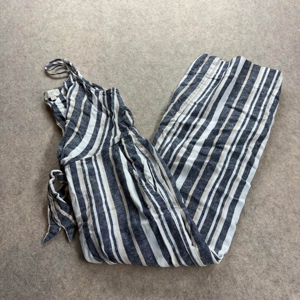 LOFT Outlet Striped Linen Belt Tie Wide Leg Jumpsuit Black White Women's Small